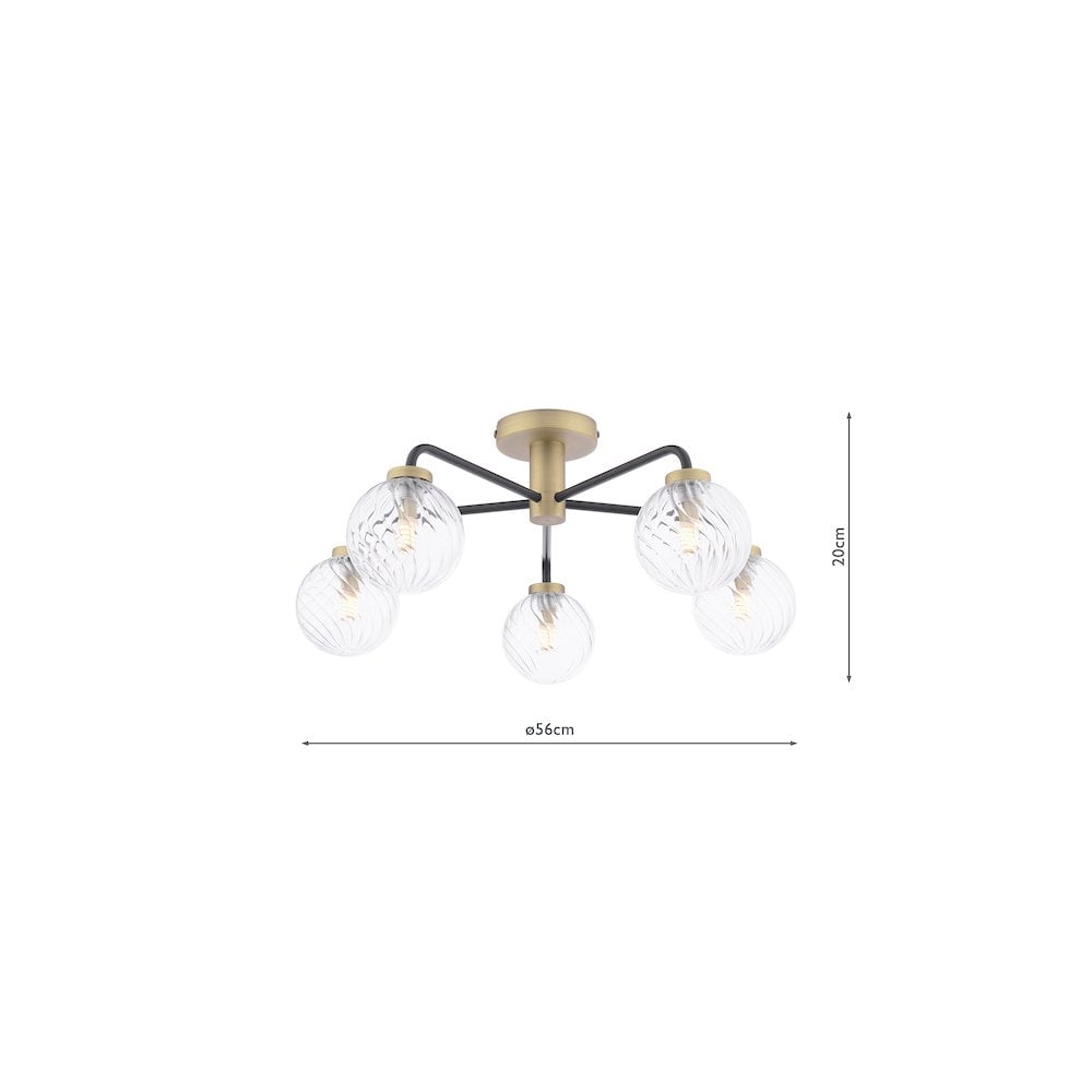 Dar LAI5454-03 Lainey 5 Light Semi-Flush Matt Black & Twisted Glass