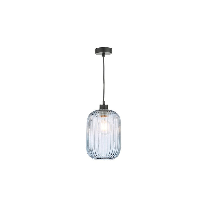 Dar SP69-SAW6523 Sawyer Pendant Matt Black and Blue Ribbed Glass