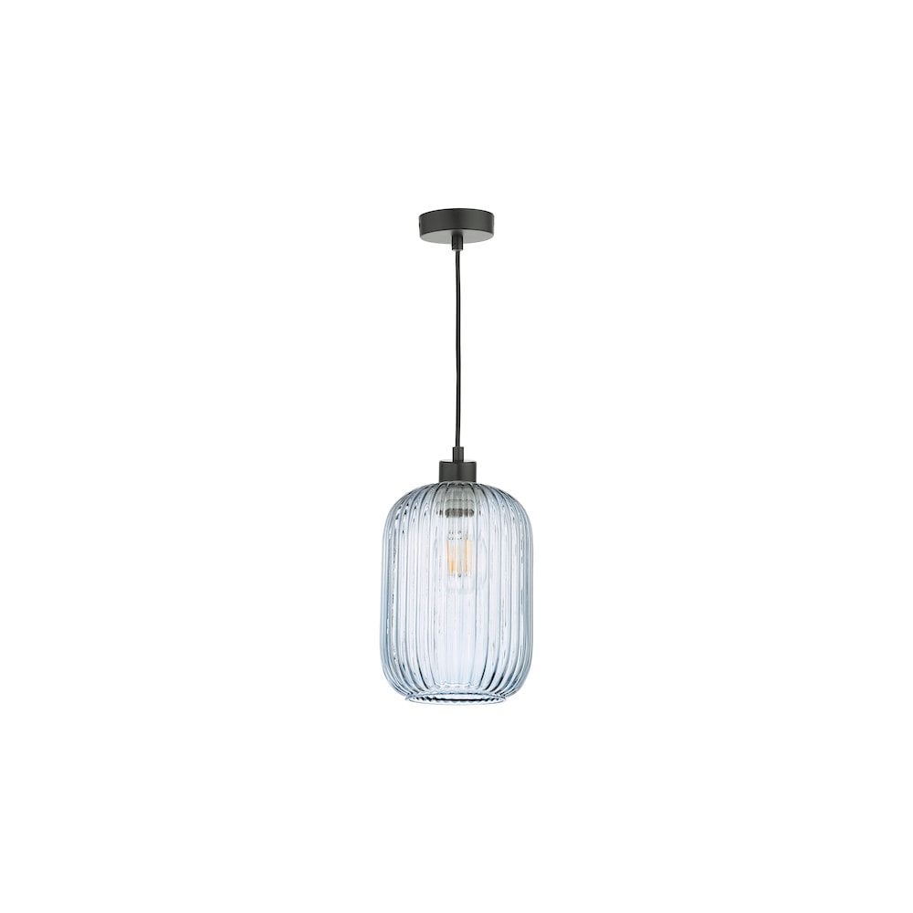 Dar SP69-SAW6523 Sawyer Pendant Matt Black and Blue Ribbed Glass