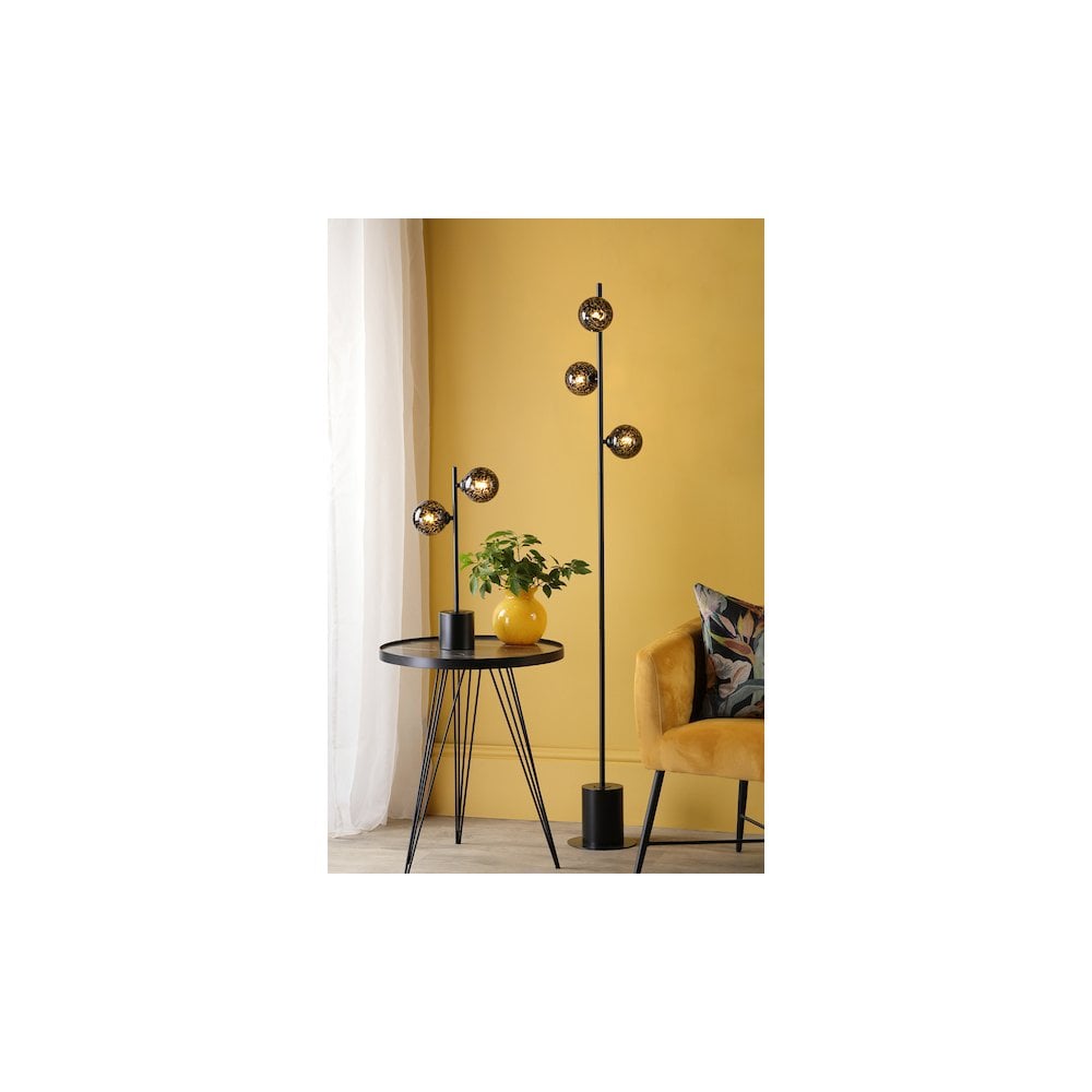 Dar SPI4922-21 Spiral 6 Light Floor Lamp Matt Black and Black Confetti Glass