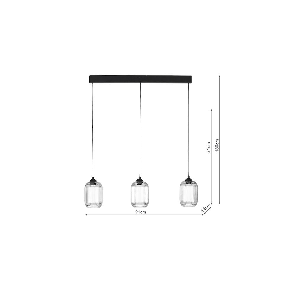 Dar EIL0322-SAW6508 Eileen 3 Light Bar Pendant Matt Black and Ribbed Glass LED