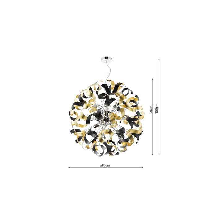 Dar SWA1250-02 Swash 12 Light Pendant Polished Chrome With Black & Gold Ribbons