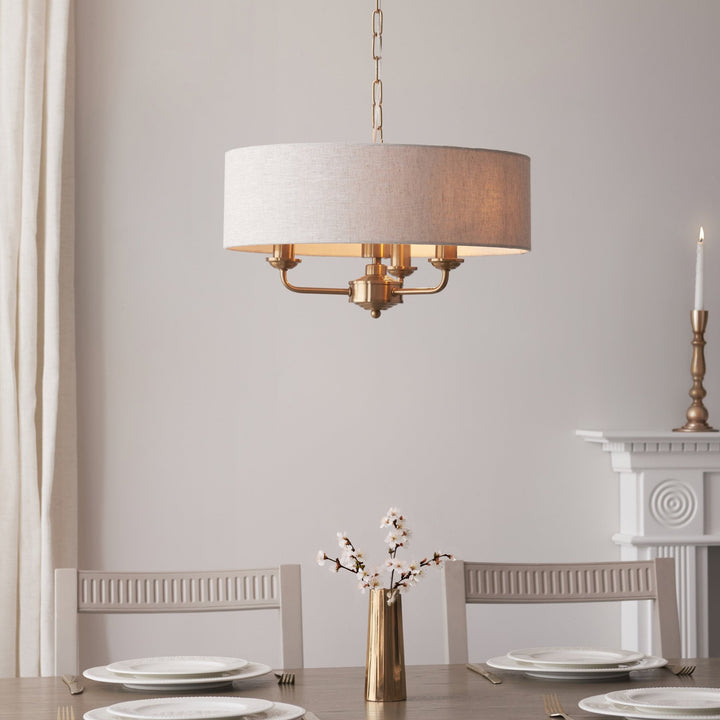 Endon 110723 Highclere 3 Light Pendant Vintage Brass & Natural Linen Shade