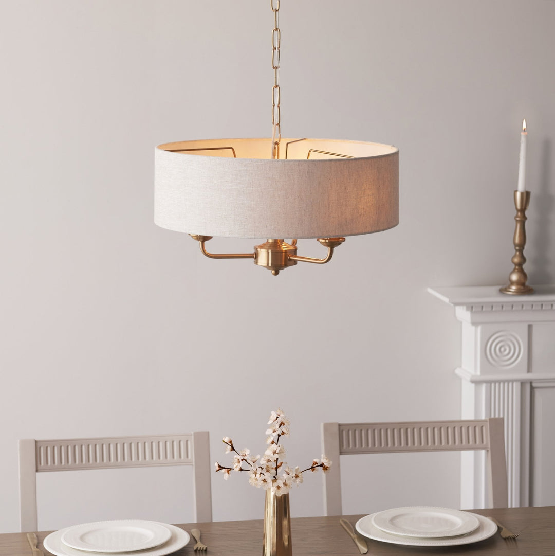 Endon 110723 Highclere 3 Light Pendant Vintage Brass & Natural Linen Shade