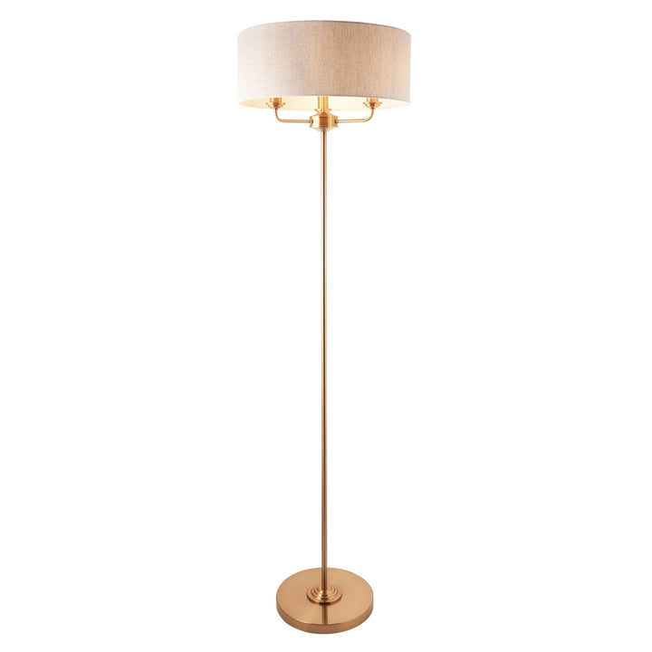 Endon 110724 Highclere 3 Light Floor Lamp Vintage Brass &amp; Natural Linen Shade