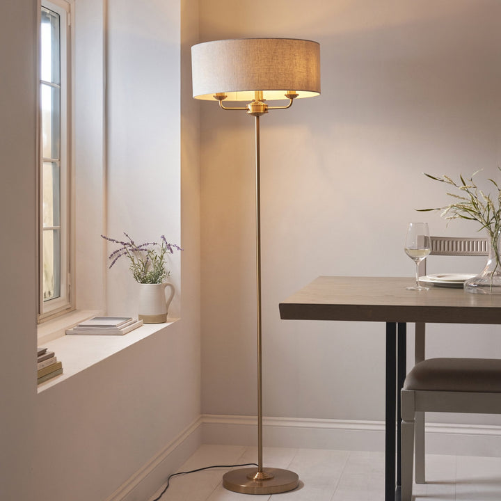 Endon 110724 Highclere 3 Light Floor Lamp Vintage Brass &amp; Natural Linen Shade