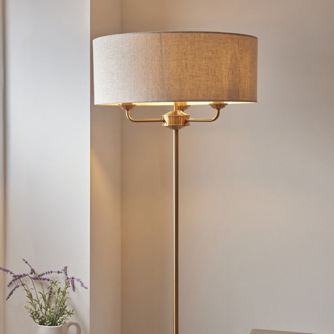 Endon 110724 Highclere 3 Light Floor Lamp Vintage Brass &amp; Natural Linen Shade