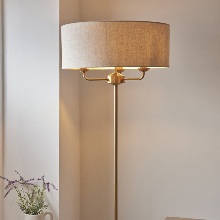 Endon 110724 Highclere 3 Light Floor Lamp Vintage Brass &amp; Natural Linen Shade