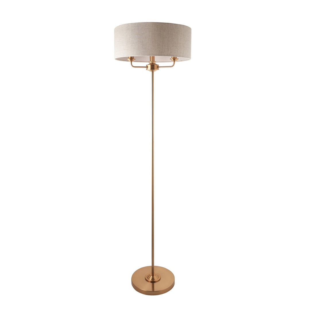 Endon 110724 Highclere 3 Light Floor Lamp Vintage Brass &amp; Natural Linen Shade