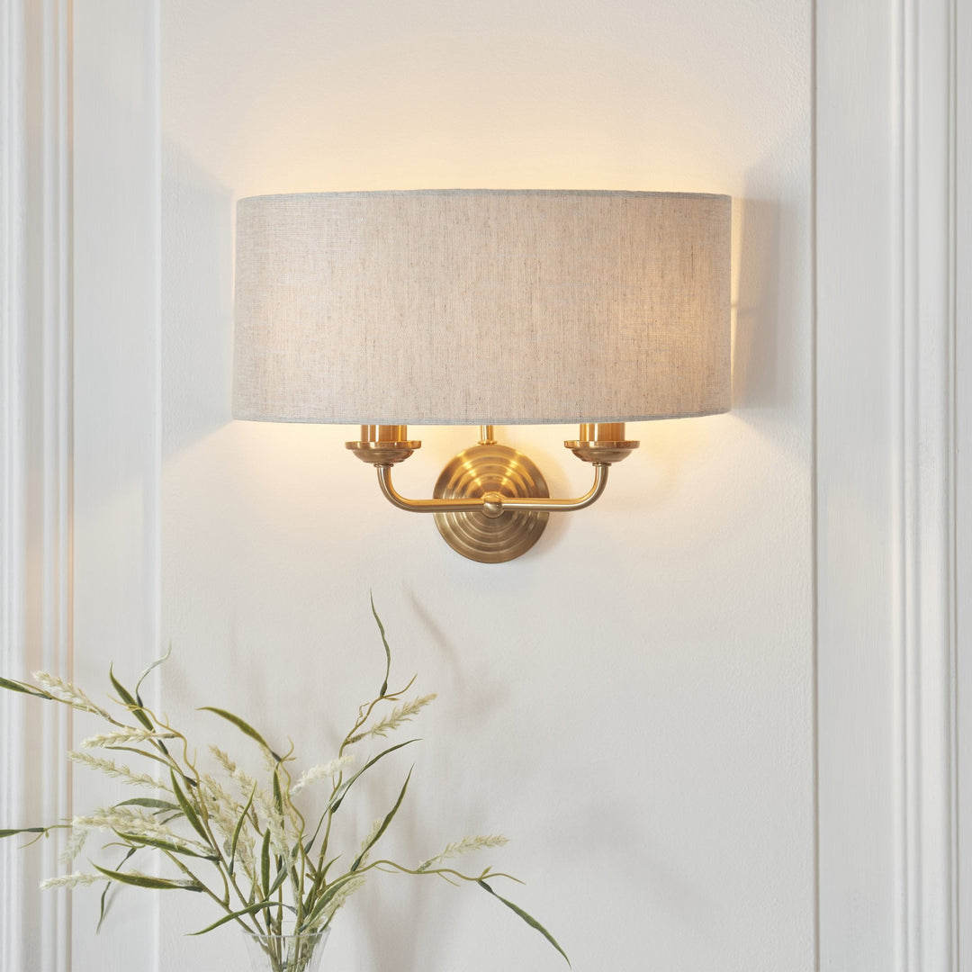 Endon 110726 Highclere 2 Light Wall Light Vintage Brass & Natural Linen Shade