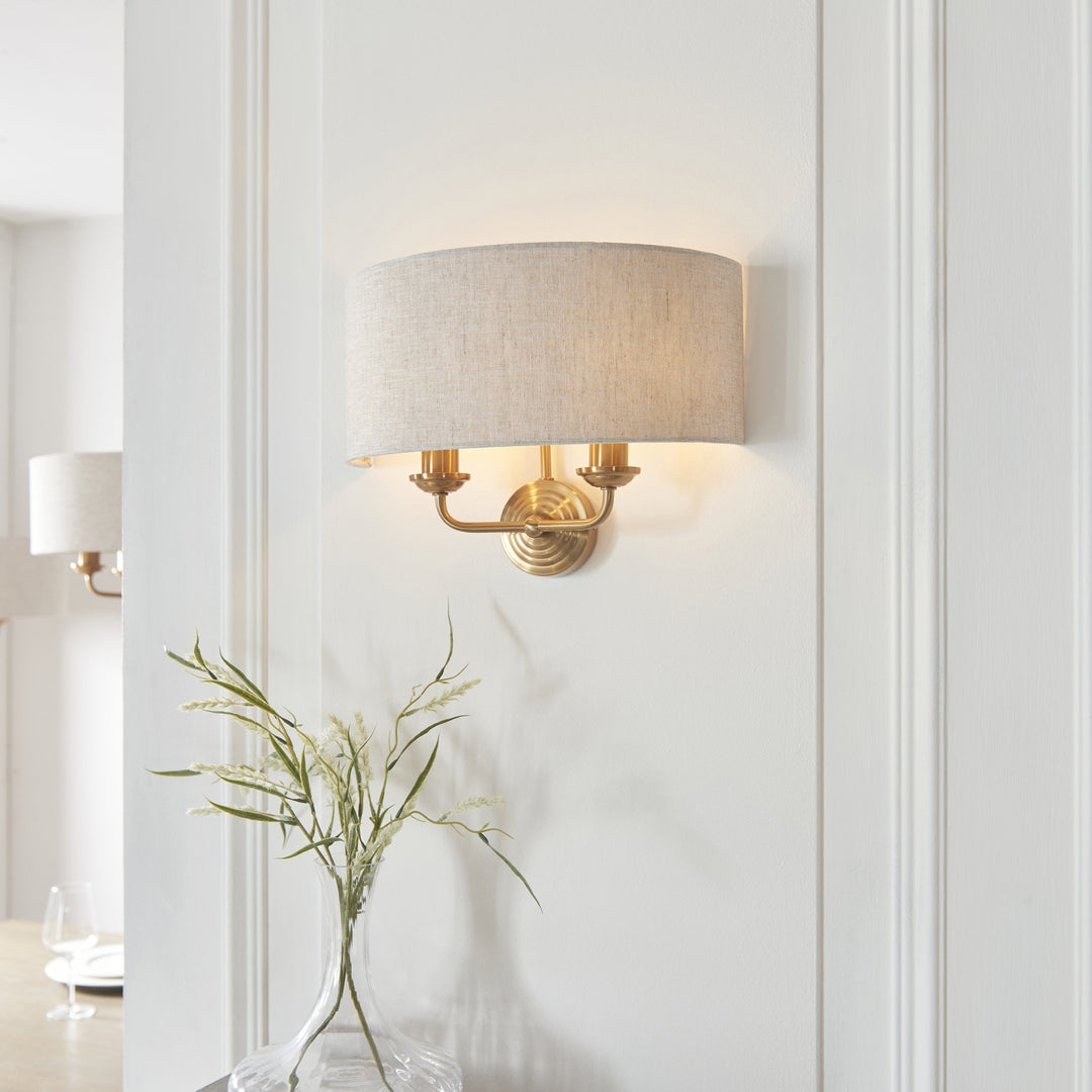 Endon 110726 Highclere 2 Light Wall Light Vintage Brass & Natural Linen Shade