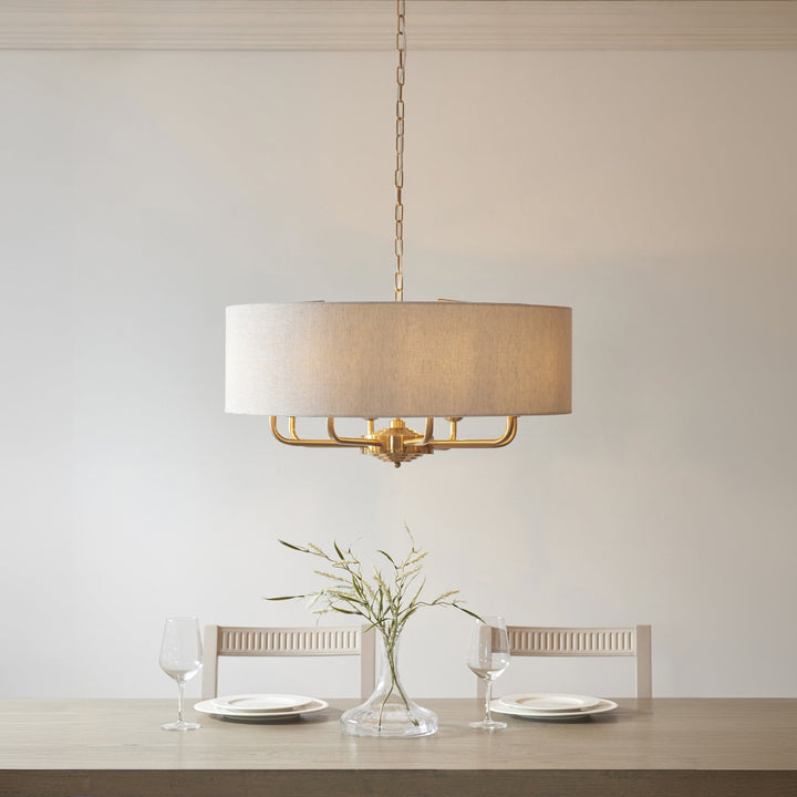 Endon 110727 Highclere 8 Light Pendant Vintage Brass & Natural Linen Shade