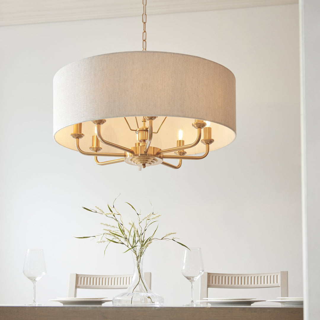 Endon 110727 Highclere 8 Light Pendant Vintage Brass & Natural Linen Shade