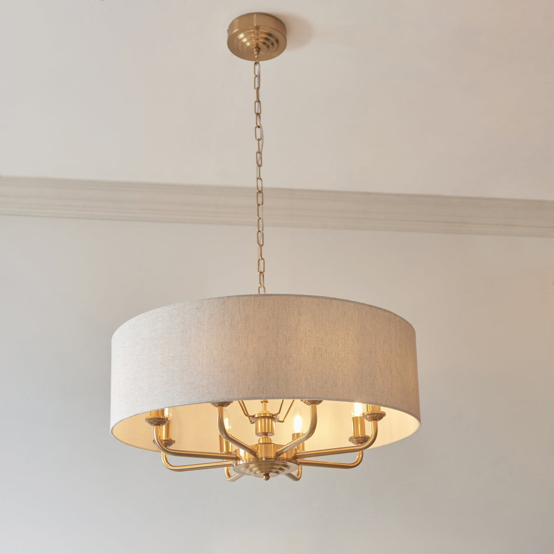 Endon 110727 Highclere 8 Light Pendant Vintage Brass & Natural Linen Shade