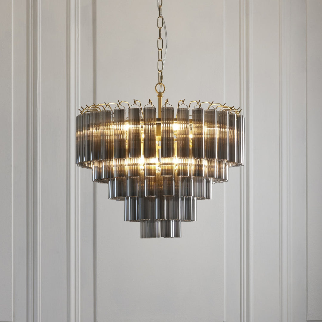 Endon 114197 Toulouse 12 Light Pendant Satin Brass & Smokey Glass