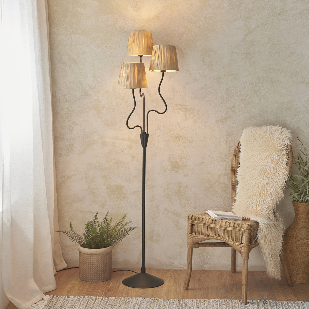 Endon 114221 Wriggle 3 Light Floor Lamp Black & Natural Shade