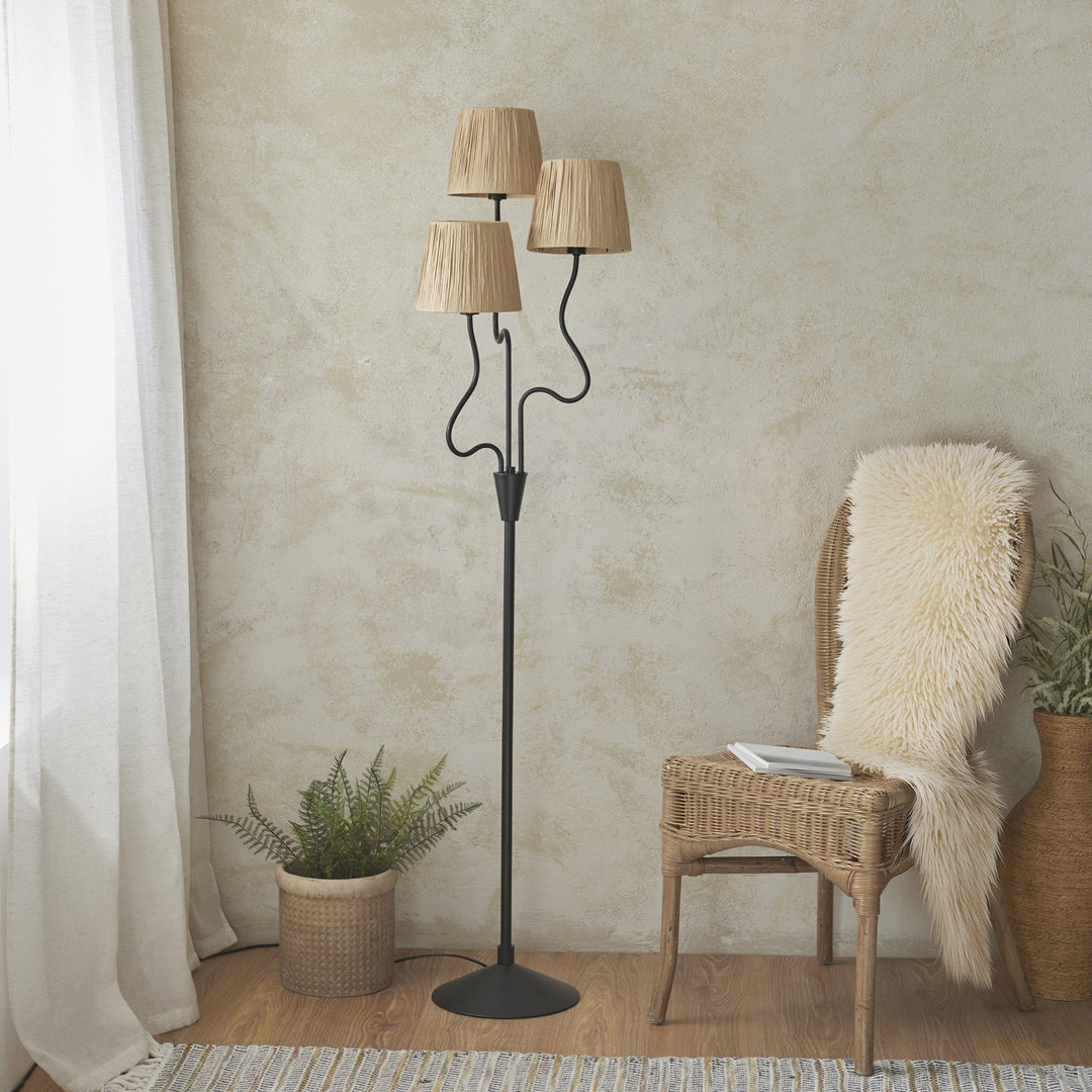 Endon 114221 Wriggle 3 Light Floor Lamp Black & Natural Shade