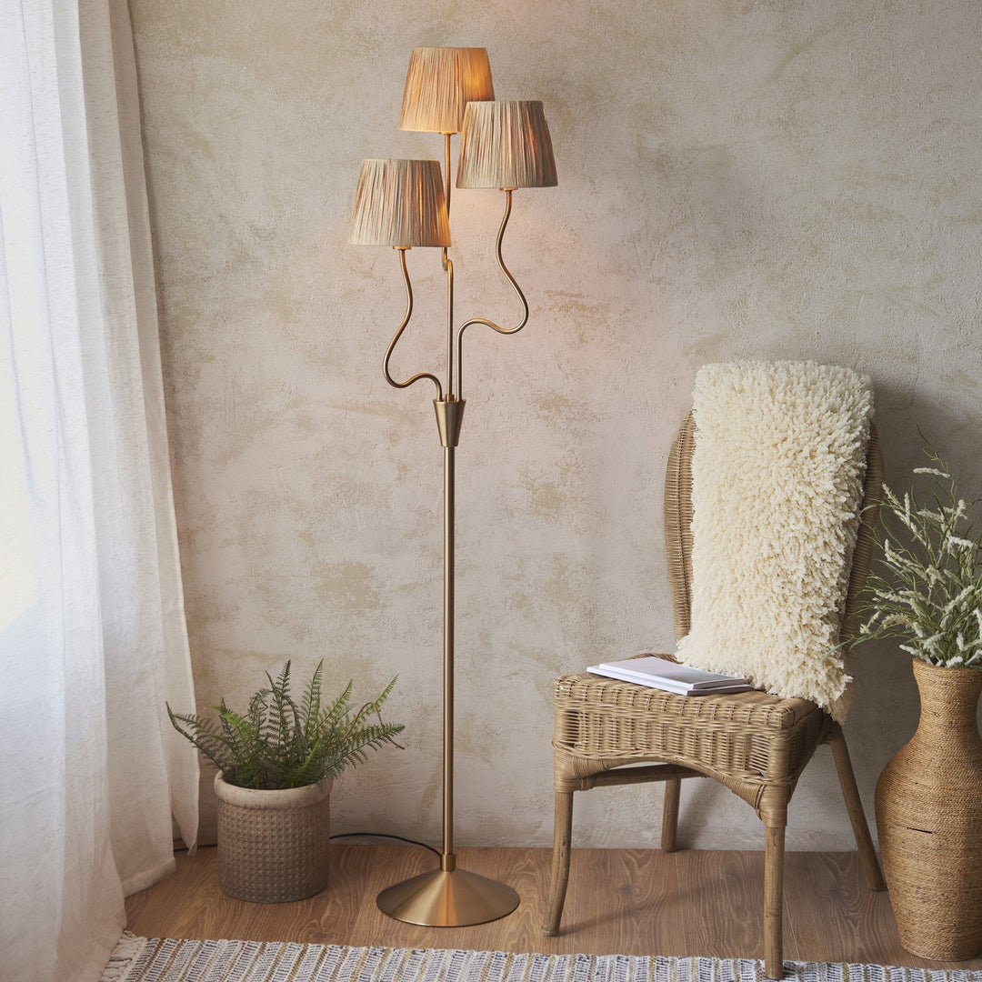 Endon 114222 Wriggle 3 Light Floor Lamp Aged Brass & Natural Shade