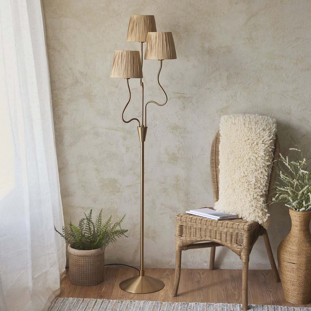 Endon 114222 Wriggle 3 Light Floor Lamp Aged Brass & Natural Shade