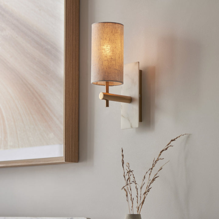 Nelson Lighting NL1414201 1 Light Wall Light With Shade Vintage Brass, White Marble Effect