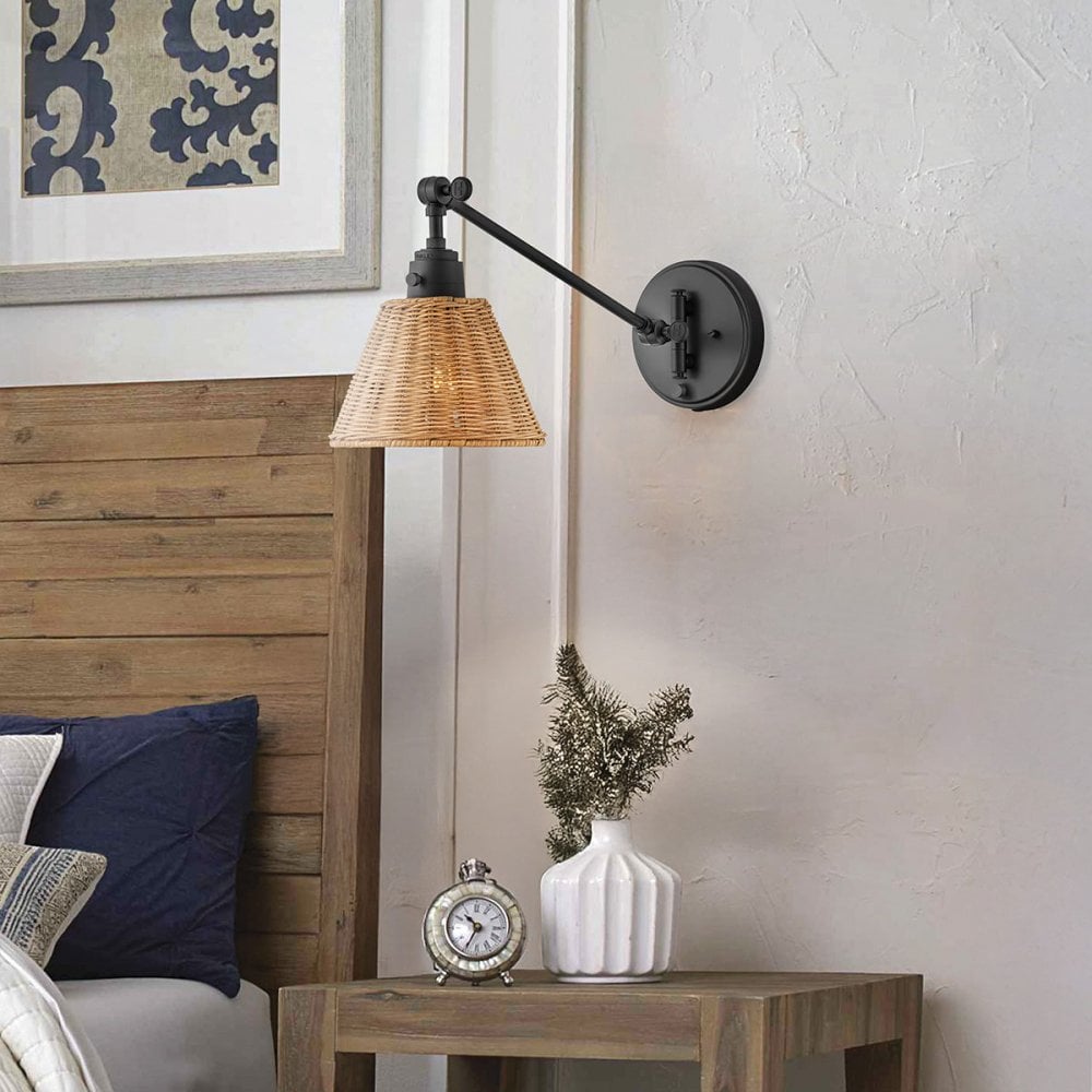 Hinkley Lighting HK-ARTI-1W-BK-NR Arti 1 Light Wall Light Black, Natural Rattan Shade