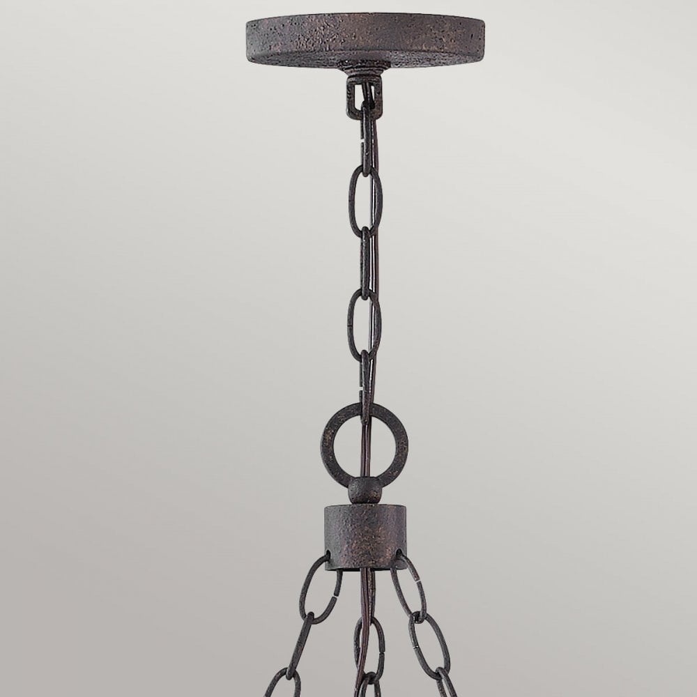Hinkley Lighting HK-SAWYER6-SQ Sawyer 6 Light Outdoor Chandelier Sequoia wood effect with rust Iron accents & Clear seeded glass