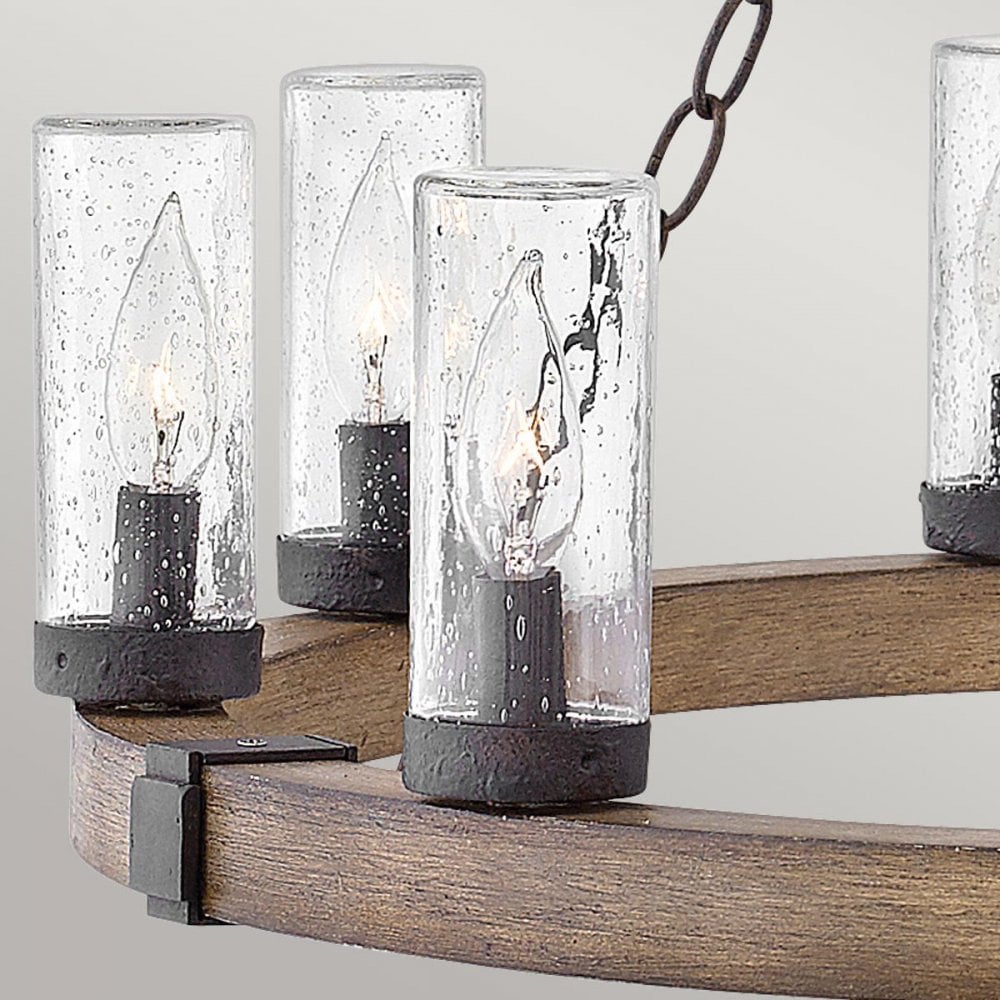Hinkley Lighting HK-SAWYER9-SQ Sawyer 9 Light Outdoor Chandelier Sequoia wood effect with rust Iron accents & Clear seeded glass