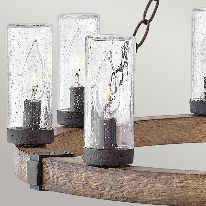 Hinkley Lighting HK-SAWYER9-SQ Sawyer 9 Light Outdoor Chandelier Sequoia wood effect with rust Iron accents & Clear seeded glass