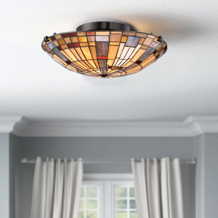 Quoizel QZ-INGLENOOK-F-SMALL Inglenook 2 Light Flush Valiant Bronze & Art Glass Shade