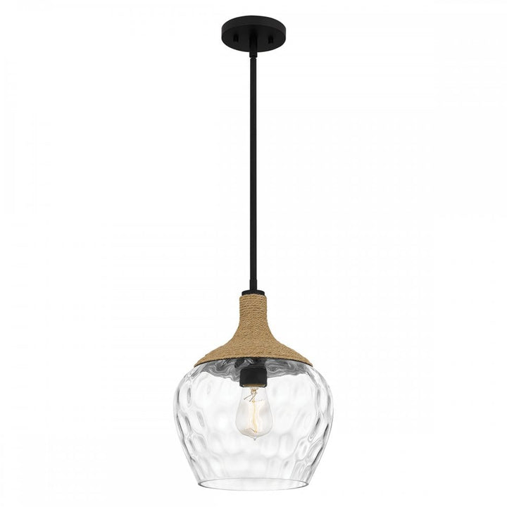 Quoizel QZ-ROYER-1P-MBK Royer 1 Light Pendant Matte Black with natural rope detail and clear mottled blown glass shade