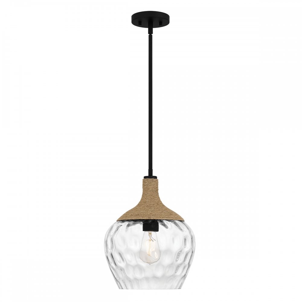 Quoizel QZ-ROYER-1P-MBK Royer 1 Light Pendant Matte Black with natural rope detail and clear mottled blown glass shade