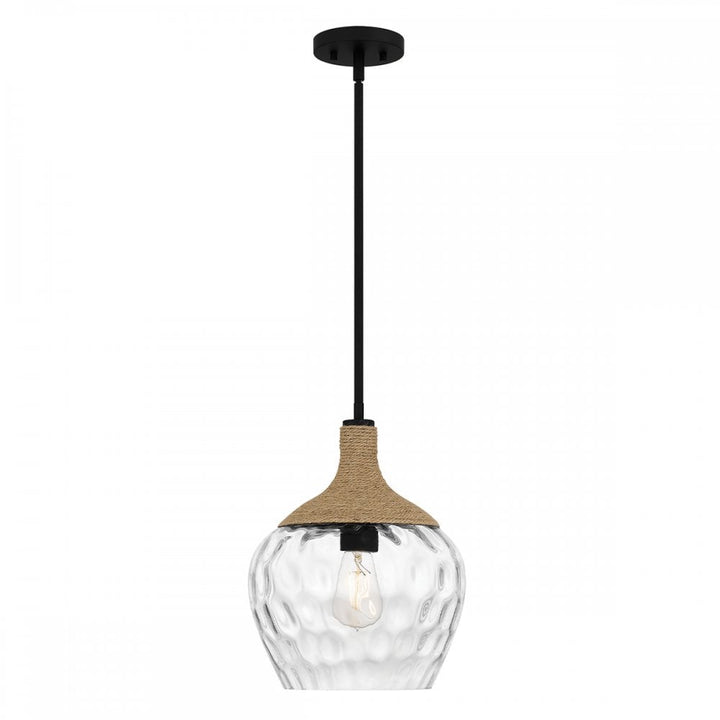 Quoizel QZ-ROYER-1P-MBK Royer 1 Light Pendant Matte Black with natural rope detail and clear mottled blown glass shade