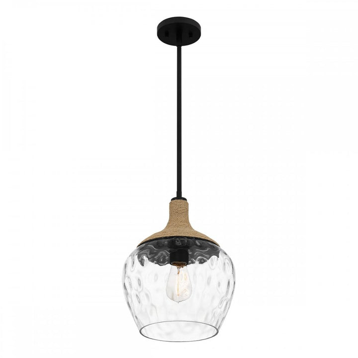 Quoizel QZ-ROYER-1P-MBK Royer 1 Light Pendant Matte Black with natural rope detail and clear mottled blown glass shade