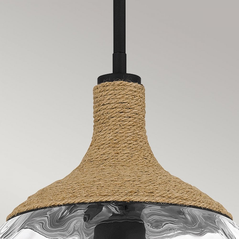 Quoizel QZ-ROYER-1P-MBK Royer 1 Light Pendant Matte Black with natural rope detail and clear mottled blown glass shade