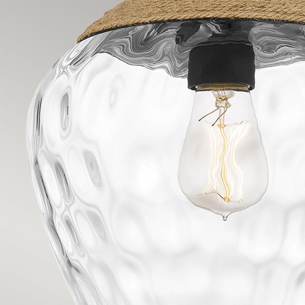 Quoizel QZ-ROYER-1P-MBK Royer 1 Light Pendant Matte Black with natural rope detail and clear mottled blown glass shade