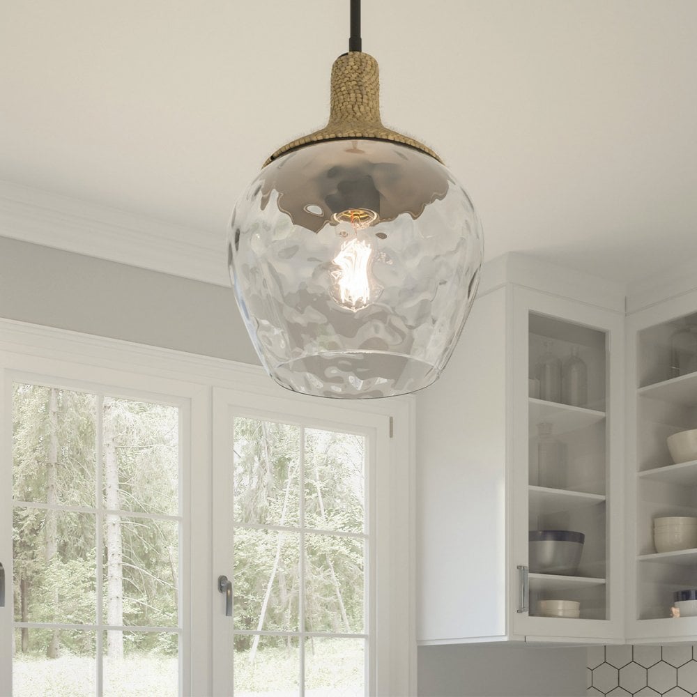Quoizel QZ-ROYER-1P-MBK Royer 1 Light Pendant Matte Black with natural rope detail and clear mottled blown glass shade
