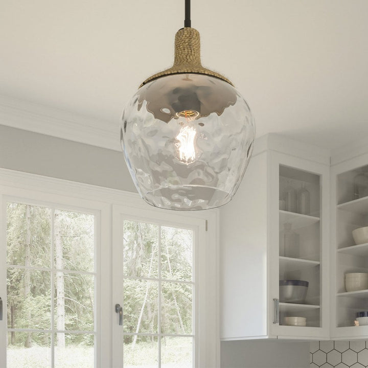 Quoizel QZ-ROYER-1P-MBK Royer 1 Light Pendant Matte Black with natural rope detail and clear mottled blown glass shade