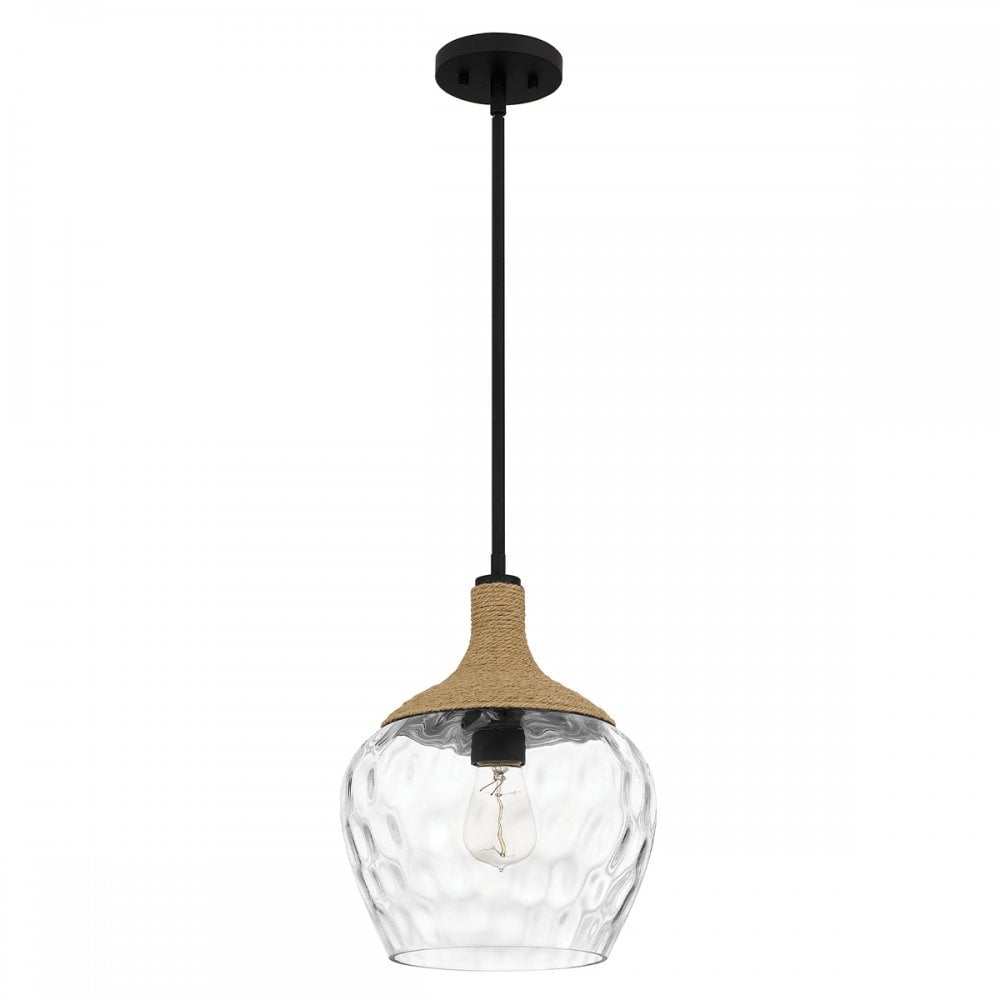 Quoizel QZ-ROYER-1P-MBK Royer 1 Light Pendant Matte Black with natural rope detail and clear mottled blown glass shade