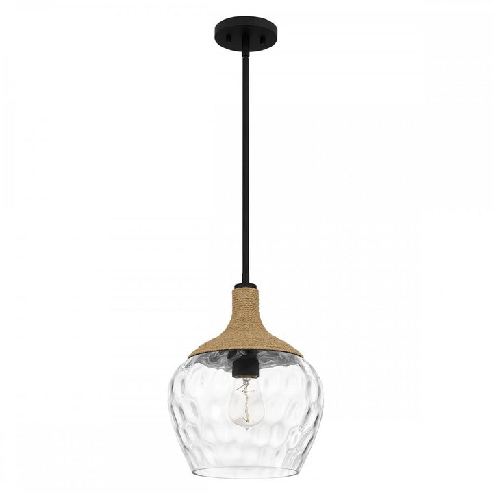Quoizel QZ-ROYER-1P-MBK Royer 1 Light Pendant Matte Black with natural rope detail and clear mottled blown glass shade