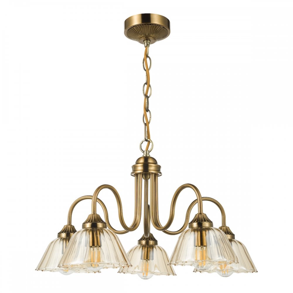 Dar ERI0563 Erika 5 Light Pendant Antique Bronze and Amber Glass