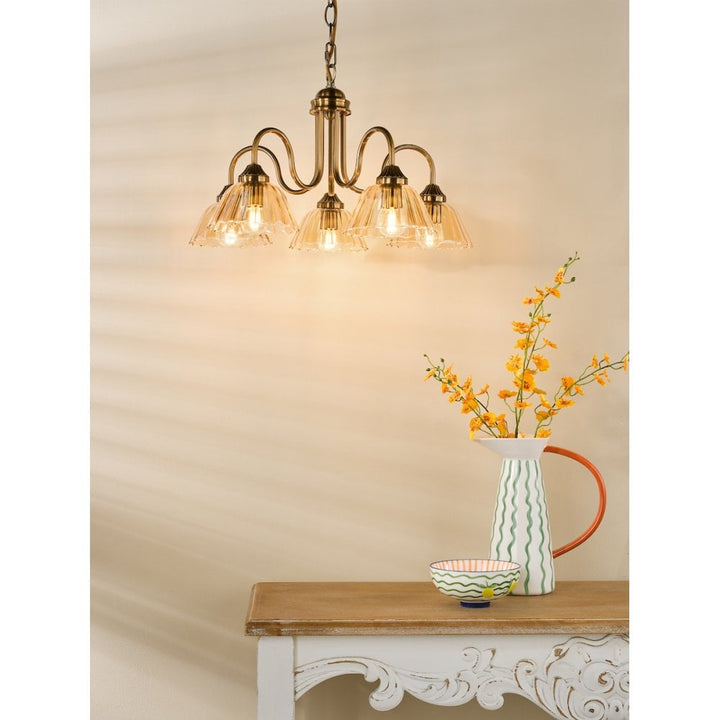 Dar ERI0563 Erika 5 Light Pendant Antique Bronze and Amber Glass
