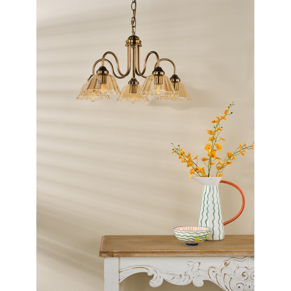 Dar ERI0563 Erika 5 Light Pendant Antique Bronze and Amber Glass