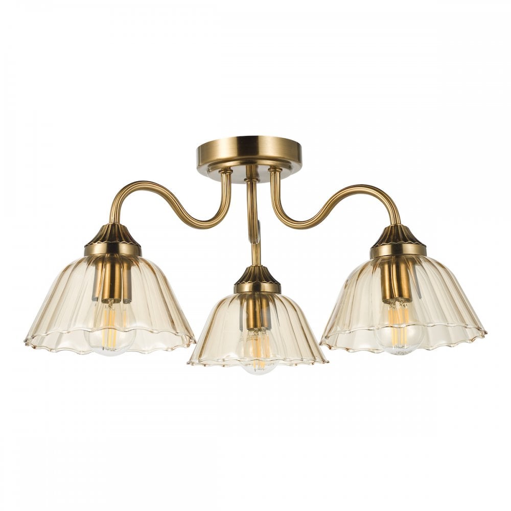 Dar ERI5363 Erika 3 Light Semi-Flush Antique Bronze and Amber Glass