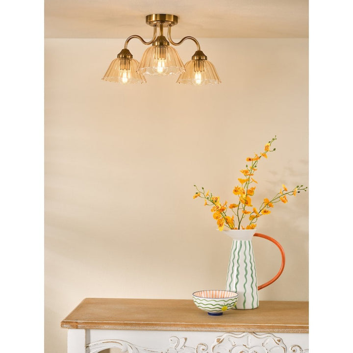 Dar ERI5363 Erika 3 Light Semi-Flush Antique Bronze and Amber Glass