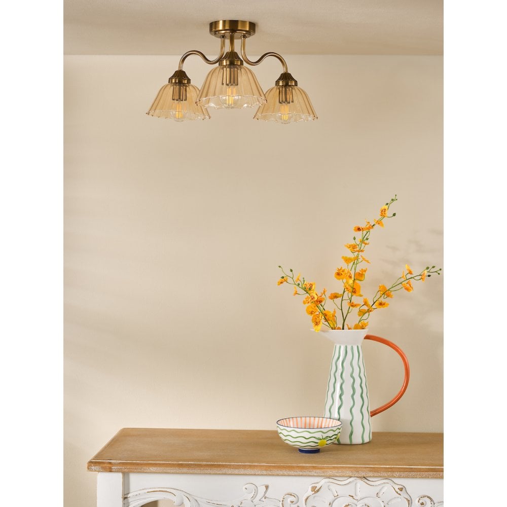 Dar ERI5363 Erika 3 Light Semi-Flush Antique Bronze and Amber Glass