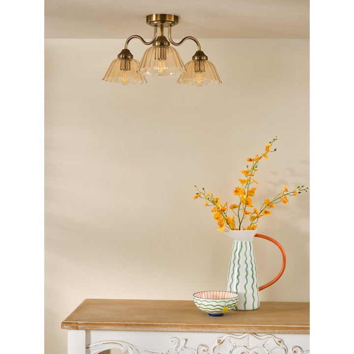 Dar ERI5363 Erika 3 Light Semi-Flush Antique Bronze and Amber Glass