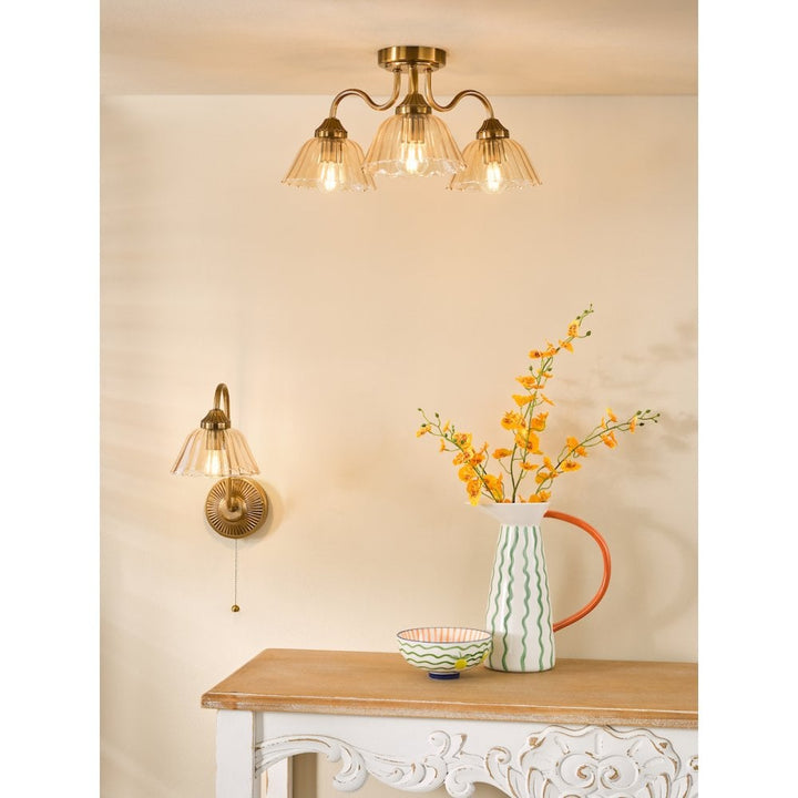 Dar ERI5363 Erika 3 Light Semi-Flush Antique Bronze and Amber Glass