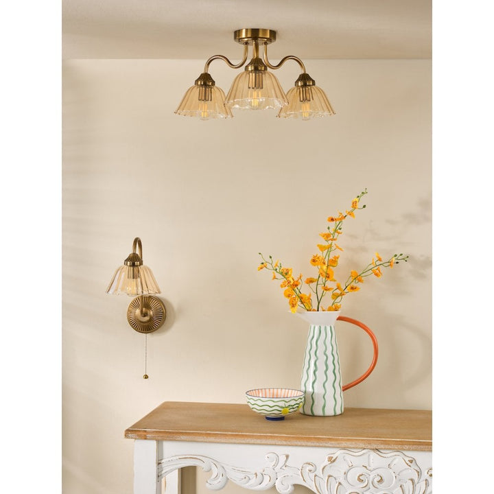 Dar ERI5363 Erika 3 Light Semi-Flush Antique Bronze and Amber Glass