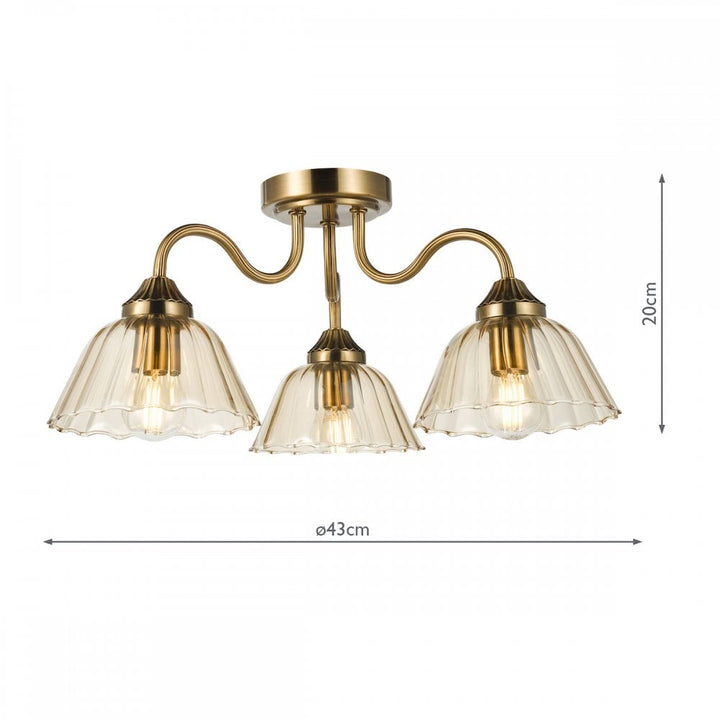Dar ERI5363 Erika 3 Light Semi-Flush Antique Bronze and Amber Glass