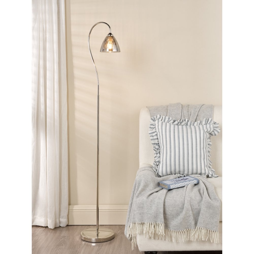 Dar GLY4938 Glynis Floor Lamp Polished Nickel and Smoked Ribbed Glass